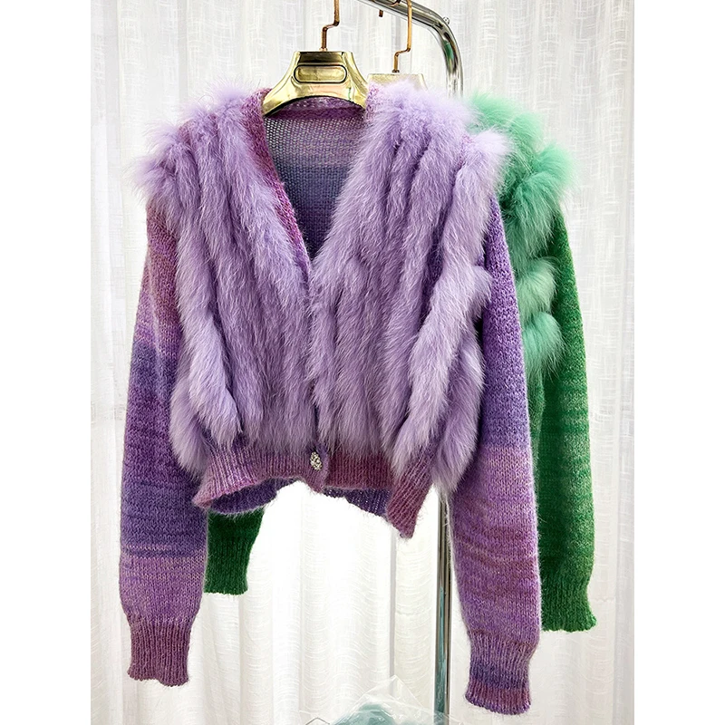 Fashion Women Sweaters 2023 Real Fox Fur Short Spring Purple/Pink Fox Fur Strip Sewed Together Outside Decoration Cardigan Coat