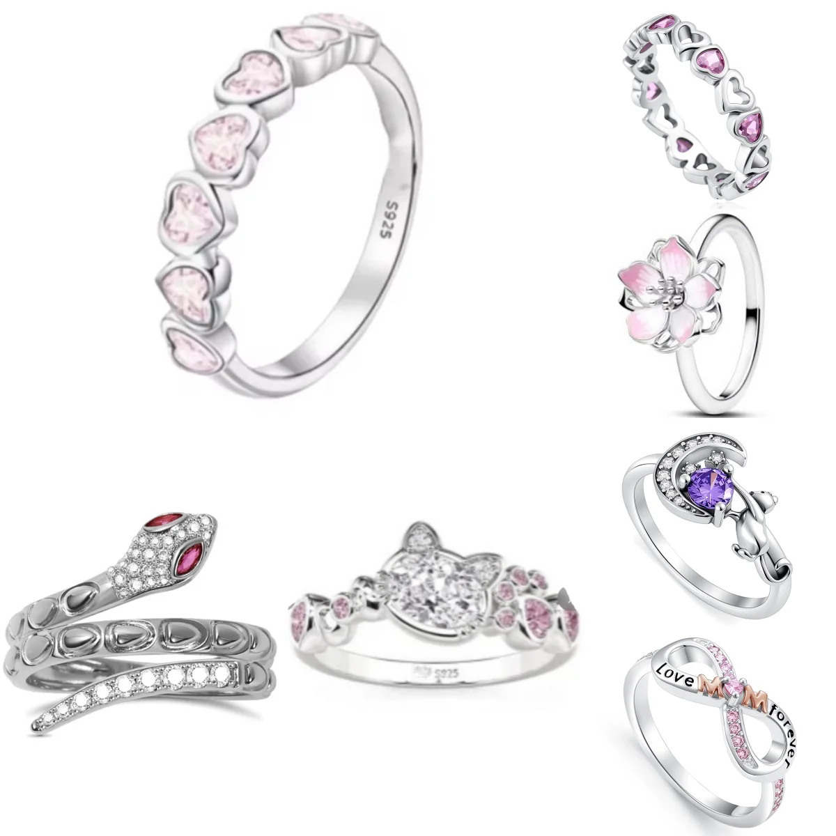 

Fashionable 925 silver charming cat flower snake ring size 6 7 8 9 women's original wedding crystal luxury accessory S925 logo