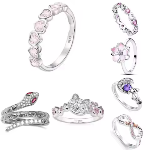 Fashionable 925 silver charming cat flower snake ring size 6 7 8 9 women's original wedding crystal luxury accessory S925 logo