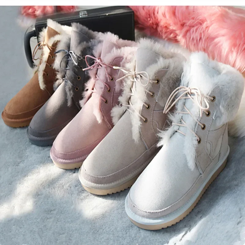 Australia Boots Women 2023 Genuine Sheepskin Leather Snow Boots Wool Boots Sheep Fur Flat Anti-skid Warm Winter Shoes 42