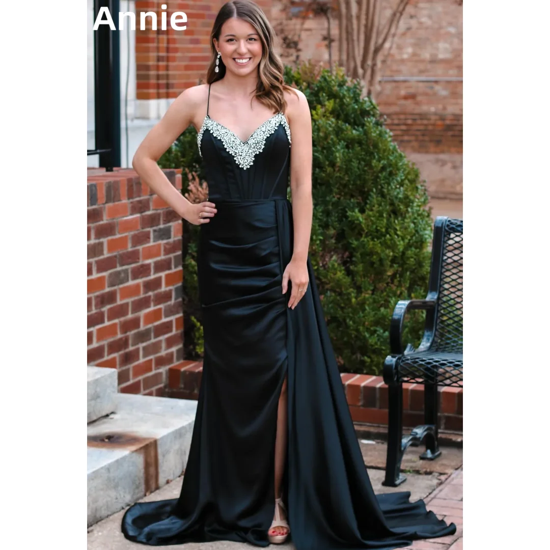 Annie Luxury Glitter Beads Prom Dresses Sexy Mermaid Side Slit Evening Dresses Elegant Cocktail Dresses Wedding Party Dress