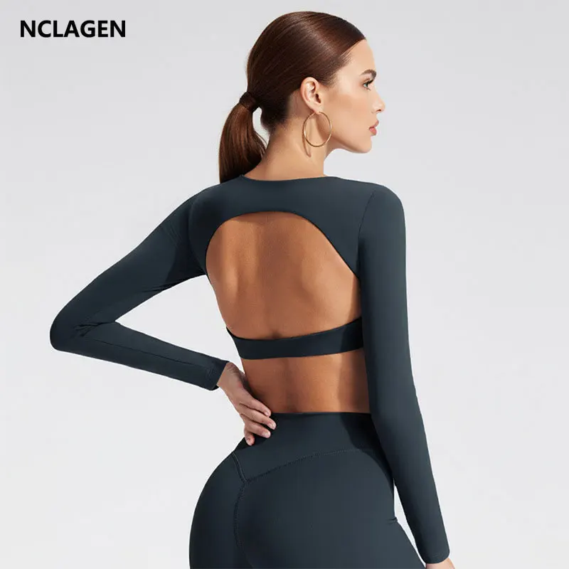 

NCLAGEN Fitness T Shirt Women Long Sleeve Sports Tops Gym Open Back Pilates Yoga Padded Crop Top Running Workout Fitness Blouse