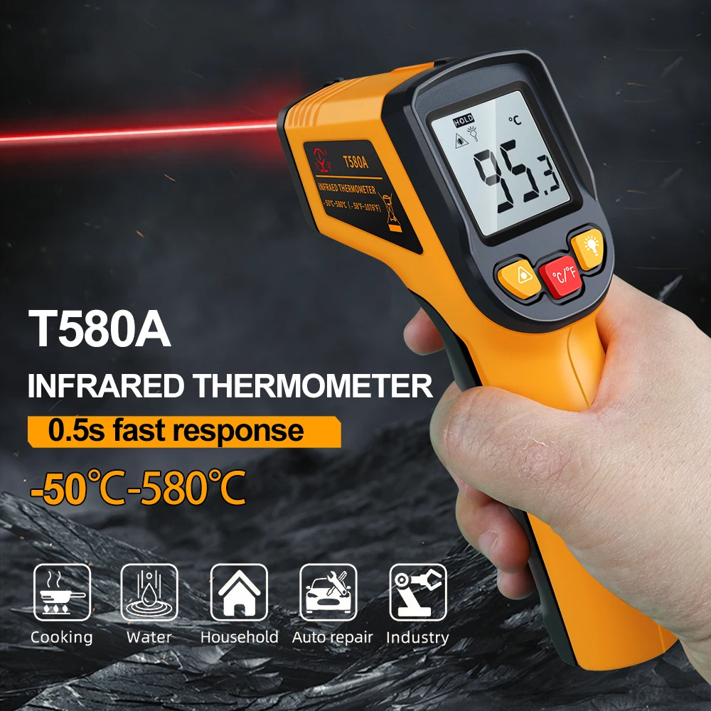 

Цифровой инфракрасный термометр T580A -50~580 ℃ ИК-лазерный термометр-пирометр, пистолет, бесконтактный лазерный измеритель температуры, инструменты