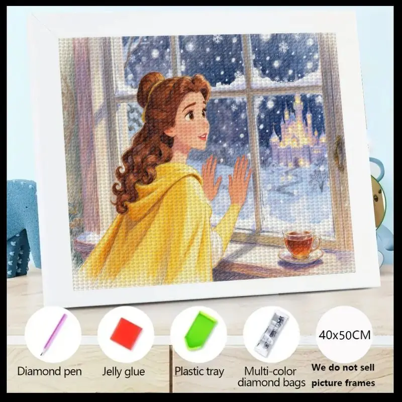 

1 шт. 5D DIY Полный дрель Набор для алмазной живописи, Элегантная принцесса Белль с видом на окно Зимний снежный замок Сцена Алмазный художественный набор,