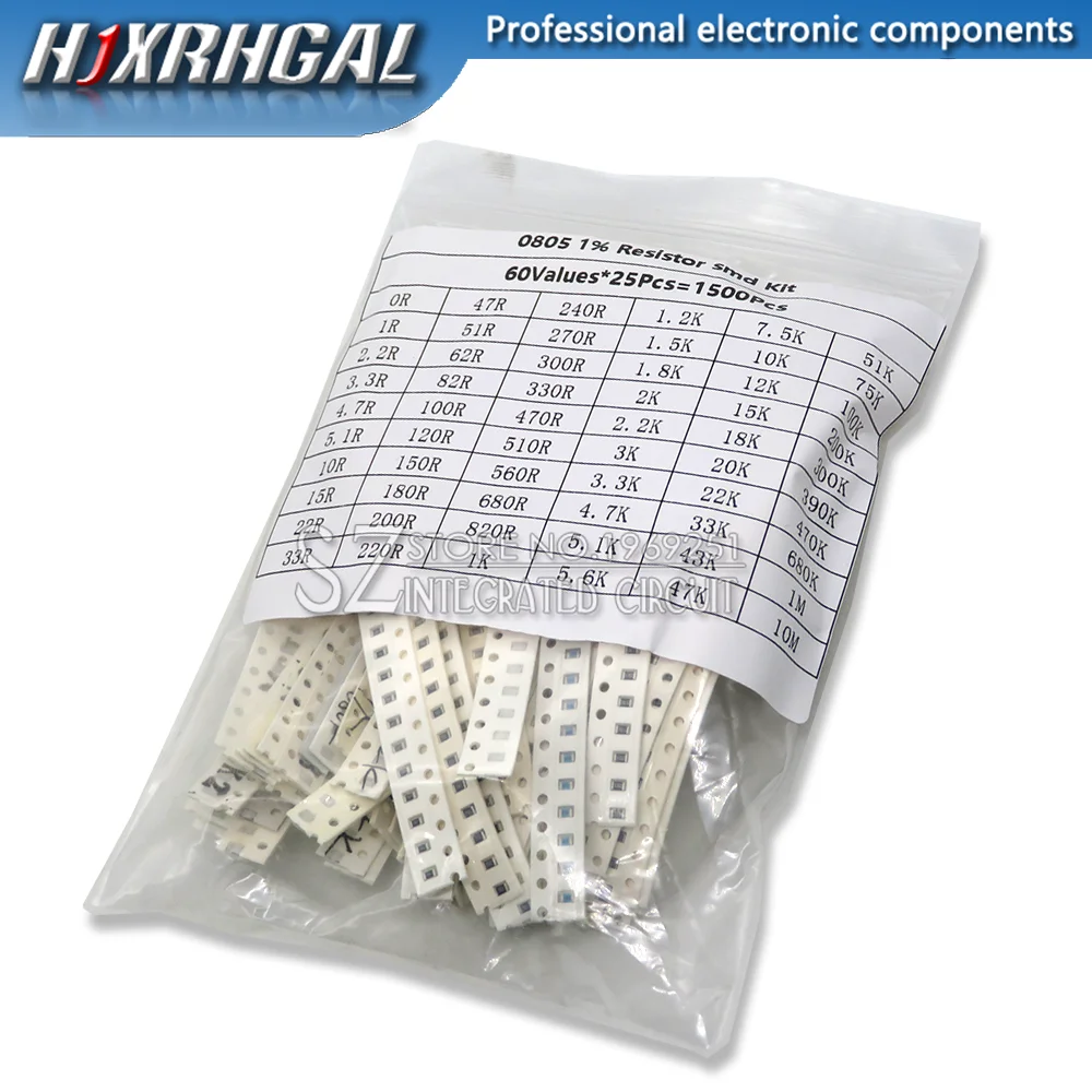 1500 Pcs SMD 0805 Resistors Assorted Set (60 Values x 25 Pcs) 0ohm - 10M Ohm 1/8 Watt 1% High Precision Film Chip Resistance Kit