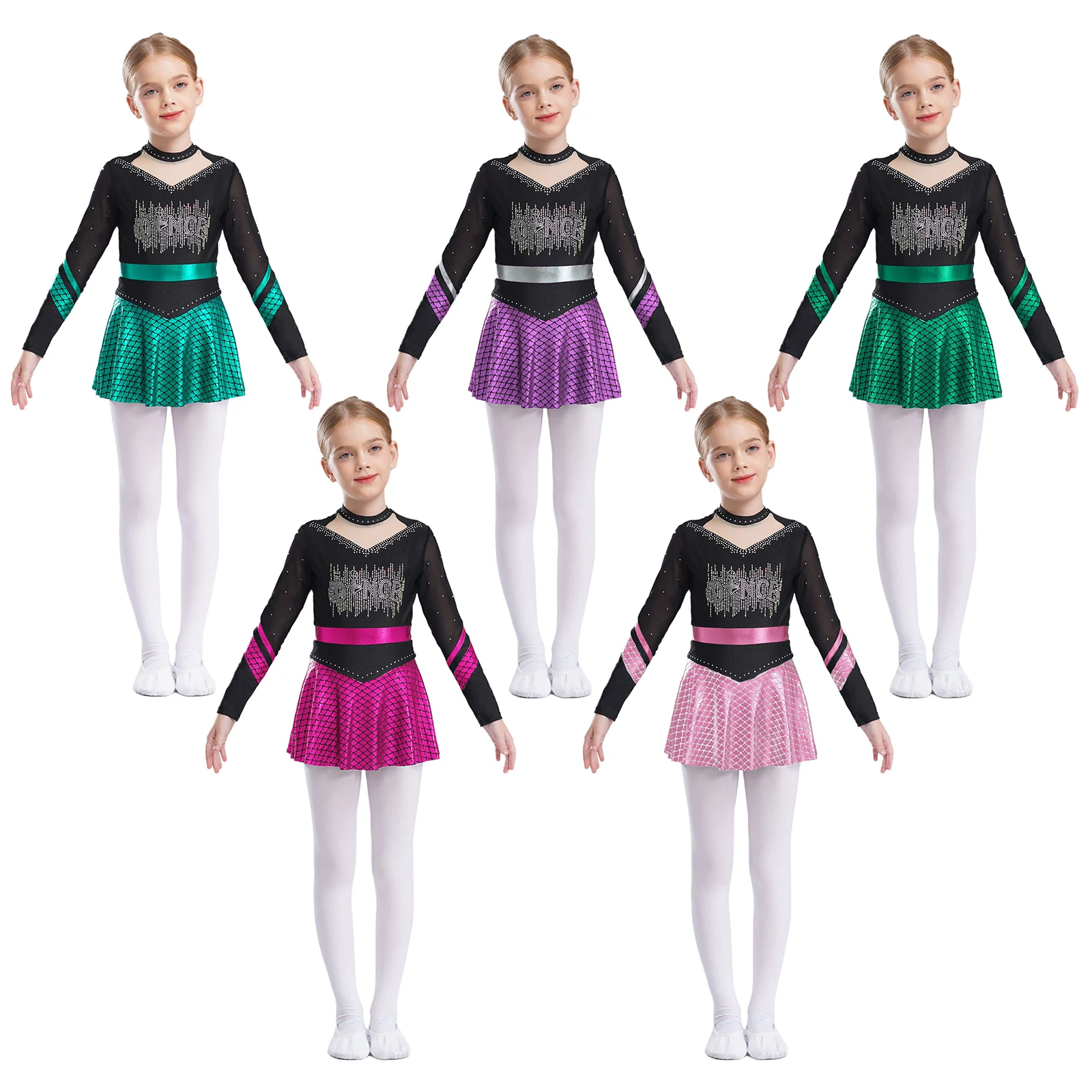 Kids Girls Ballet Gymnastics Dress Metallic Figure Skating Leotard Fish Scales Rhinestones Cheerleading Tutu Dress with Shorts