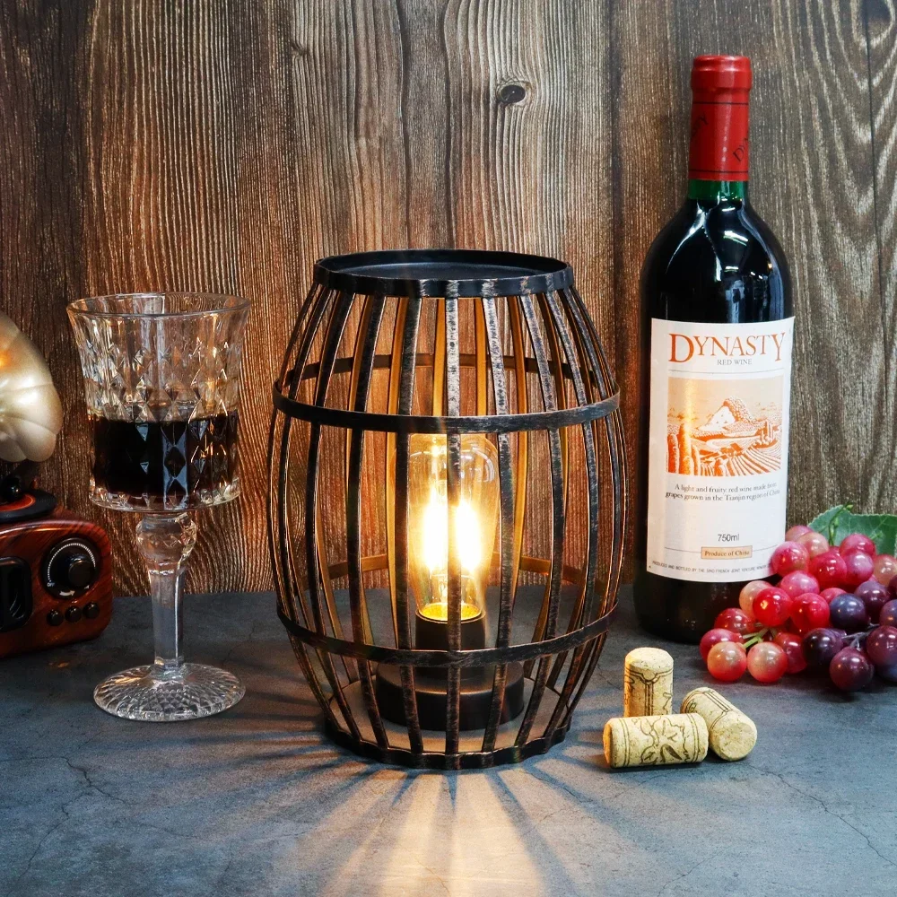 

Decorative Battery Powered 8“H Cordless Metal Wine Barrel Lamp with 6-Hour Timer for Tabletop Home Patio(Black Brushed Gold)