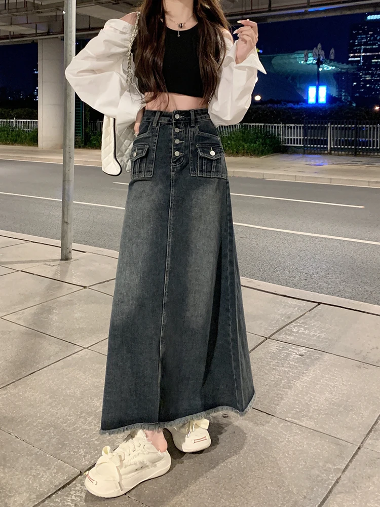 

High Waist A-Line Midi Skirt for plus Size Women with Frayed Hem Korean Sle Casual Wear And Pear Body pe Suitable