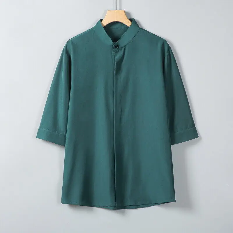 Men's Summer Solid Color Short Sleeve Mandarin Collar Shirt - Lightweight Breathable Casual Top for Streetwear & Daily Wear 5XL