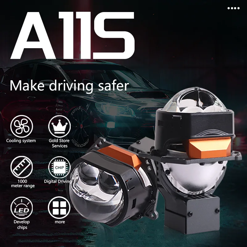 

New A11S 128W 3 Inch Bi LED Projector Headlights with Halo Ring, 5500K Super Bright Dual Beam Direct Install Car LED Headlamp