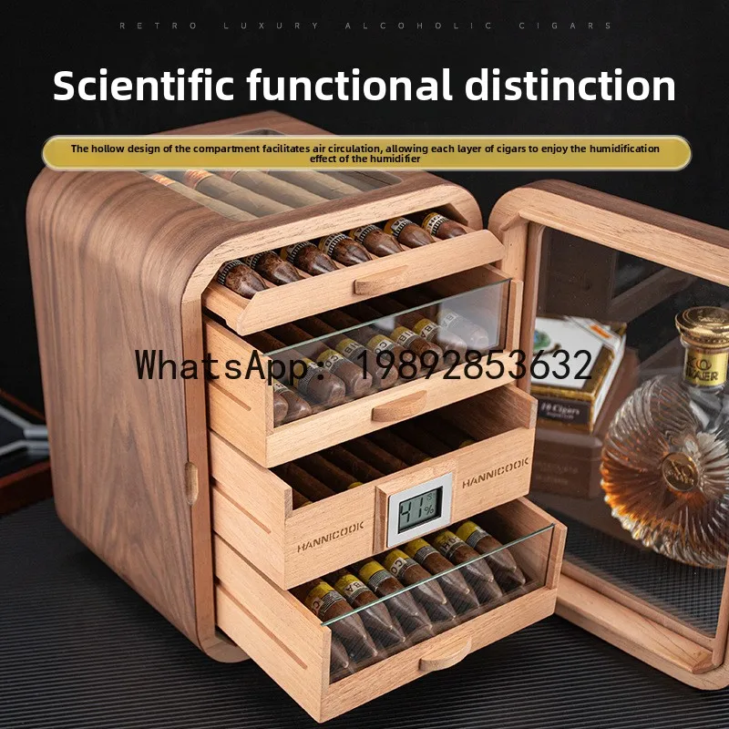 Hz cigar humidor - cedar wood, three-tier, large capacity, see-through window, black walnut wood grain wooden humidor