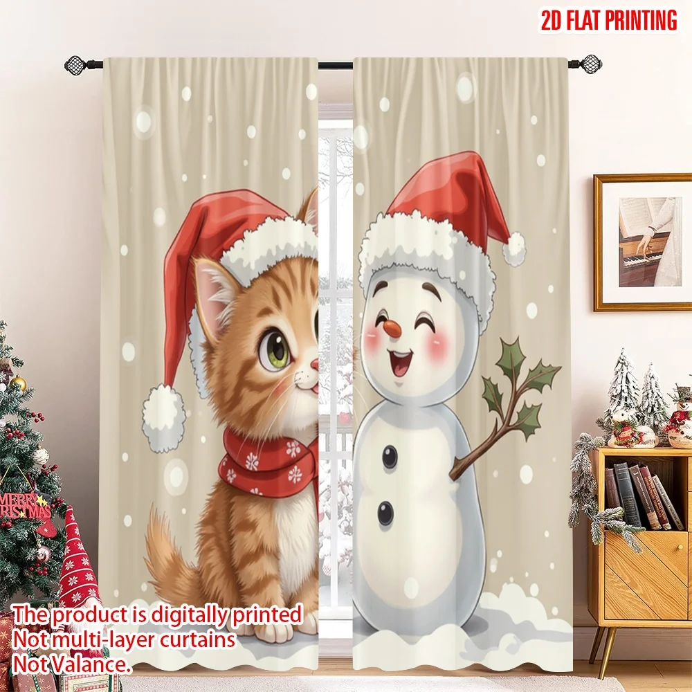 

2pcs 2D flat printing Christmas Window Curtains Cute Kitten Snowman Christmas Holiday Fabric Without Electricity Birthday Party