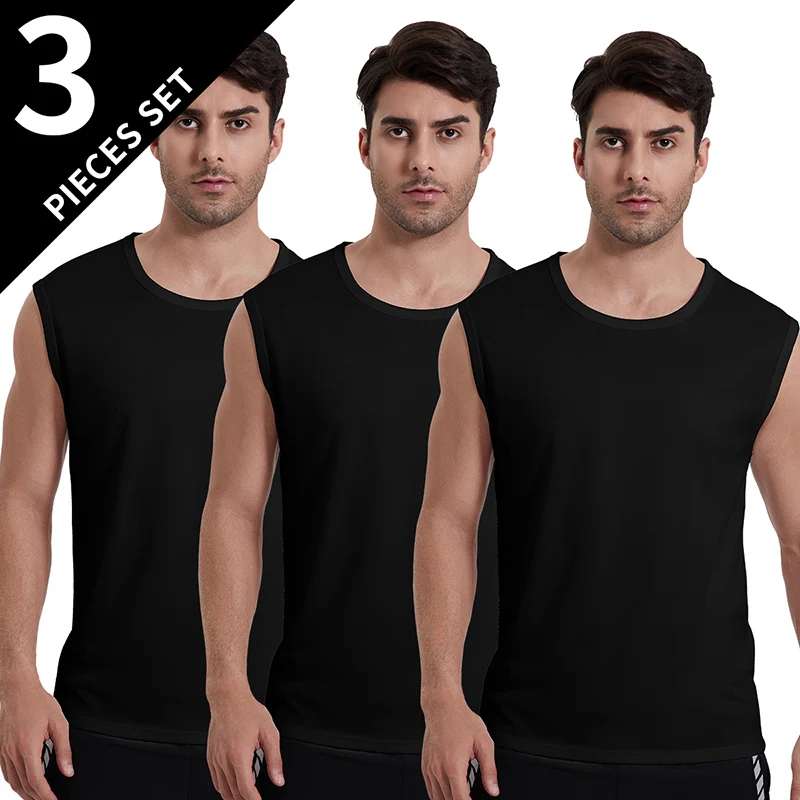 3-piece European and American Size MEN\'S Four Seasons Black Quick-drying Sleeveless Vest Casual Fashion plus Size Fitness Vest