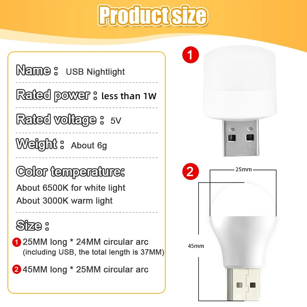 8pcs USB Plug Lamp Computer Mobile Power Charging Small Book Lamps LED Eye Protection Reading Light Round Light Night Light