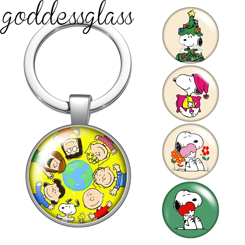 MINISO Snoopy and Family Friends Cartoon Cute Photo cabochon key chain Ring Holder Charms silver color pendant for Kid