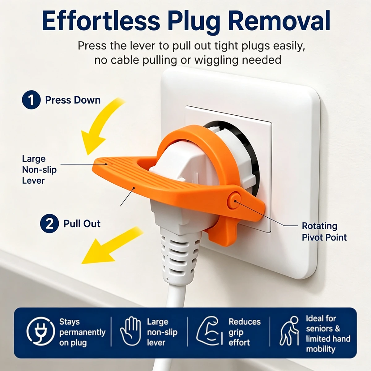 EU E/F Plug Puller Lever‑Type Plug Removal Tool, Grip Aid Helper For Seniors Home Office Appliance Socket Unplug Assist