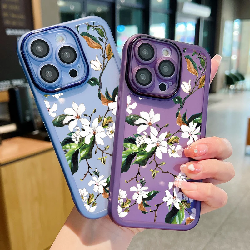 Luxury White Flower Branch Case For iPhone 15 16 Pro Max 11 12 13 14 Pro Max Lens Protector Shockproof Clear Soft Silicone Cover