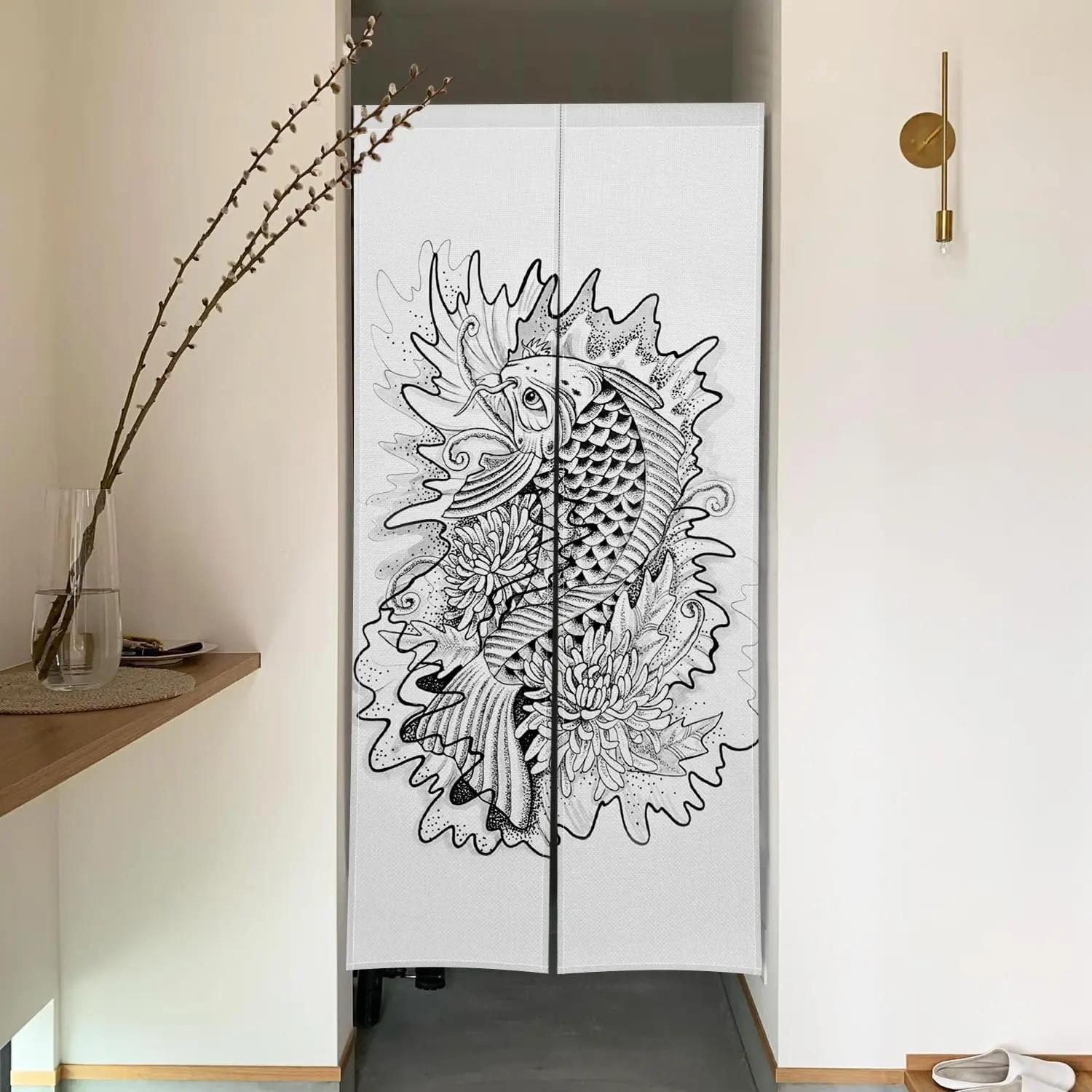 Japanese Noren Doorway Curtain Long Type Japanese Style Fish Printed Window Treatment Hanging Door Tapestry Panel for Ukiyoe