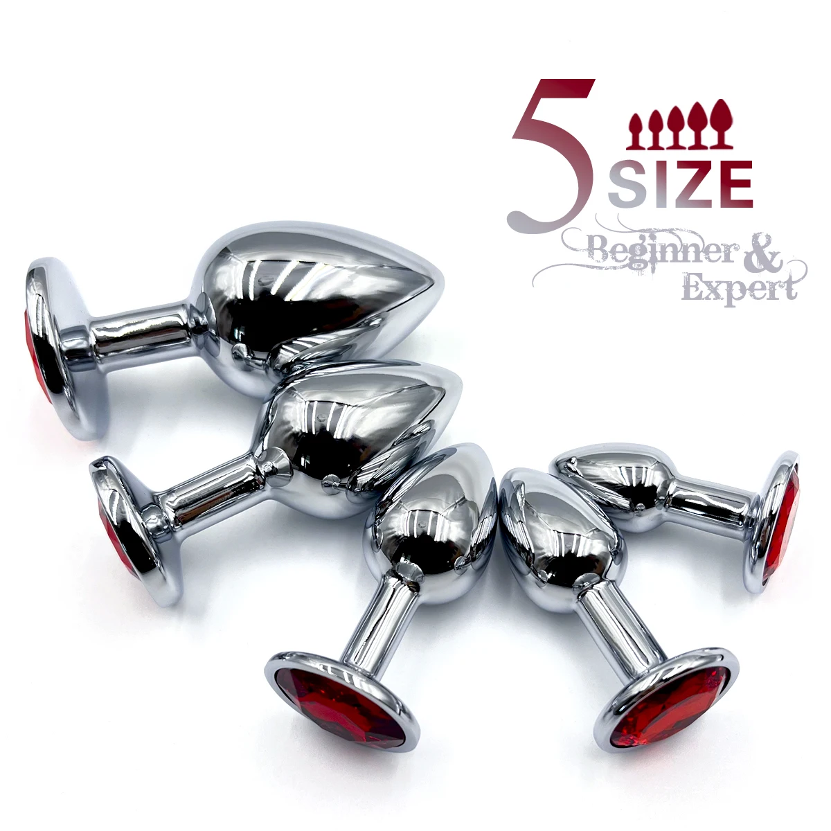 Metal anal plug with red gem base,beginner to expert,5 size butt plug,g-point massage, dildos,sexual wellness,adult sex toys