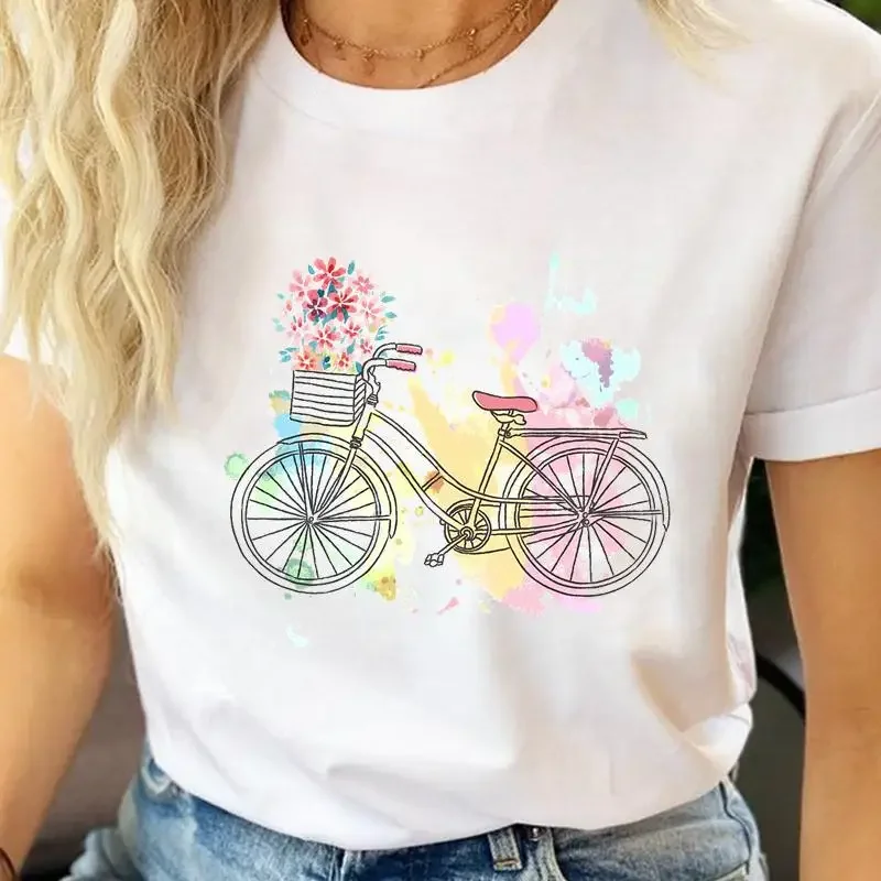 Women T-shirts Female Bike Watercolor Lovely T Tee Cartoon Clothes Short Sleeve Casual Spring Summer Fashion Graphic Tshirt