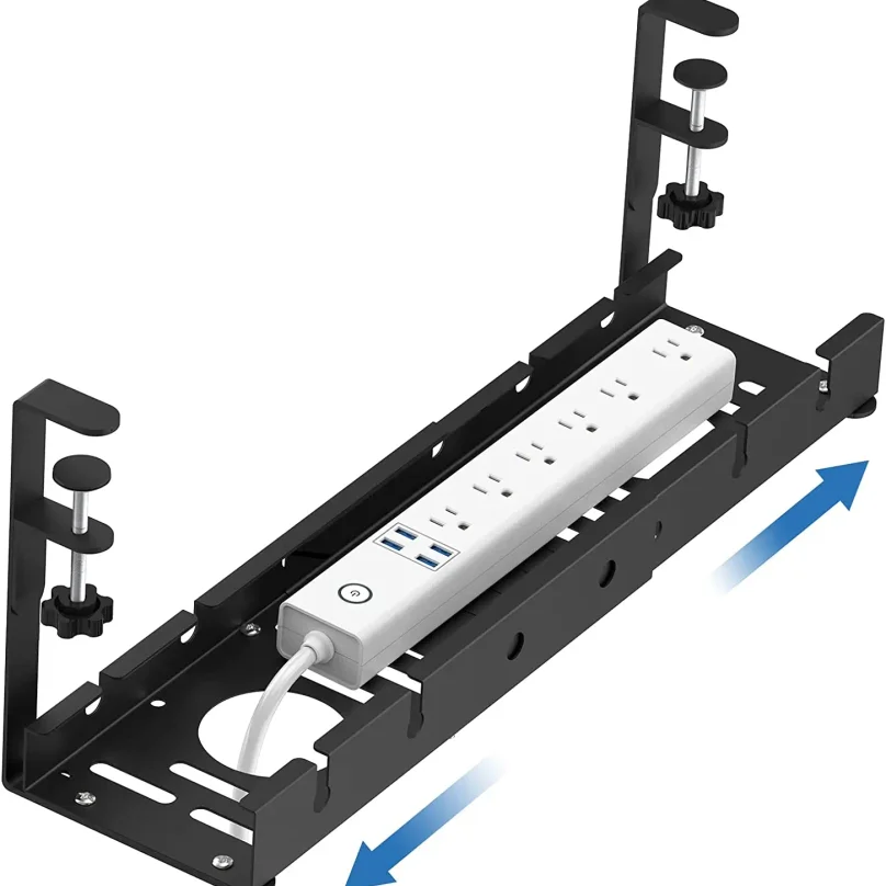 No Drilling Extendable Under Desk Cable Management Metal Cable Tray Under Desk With Clamp Retractable Power Strip Cord Holder