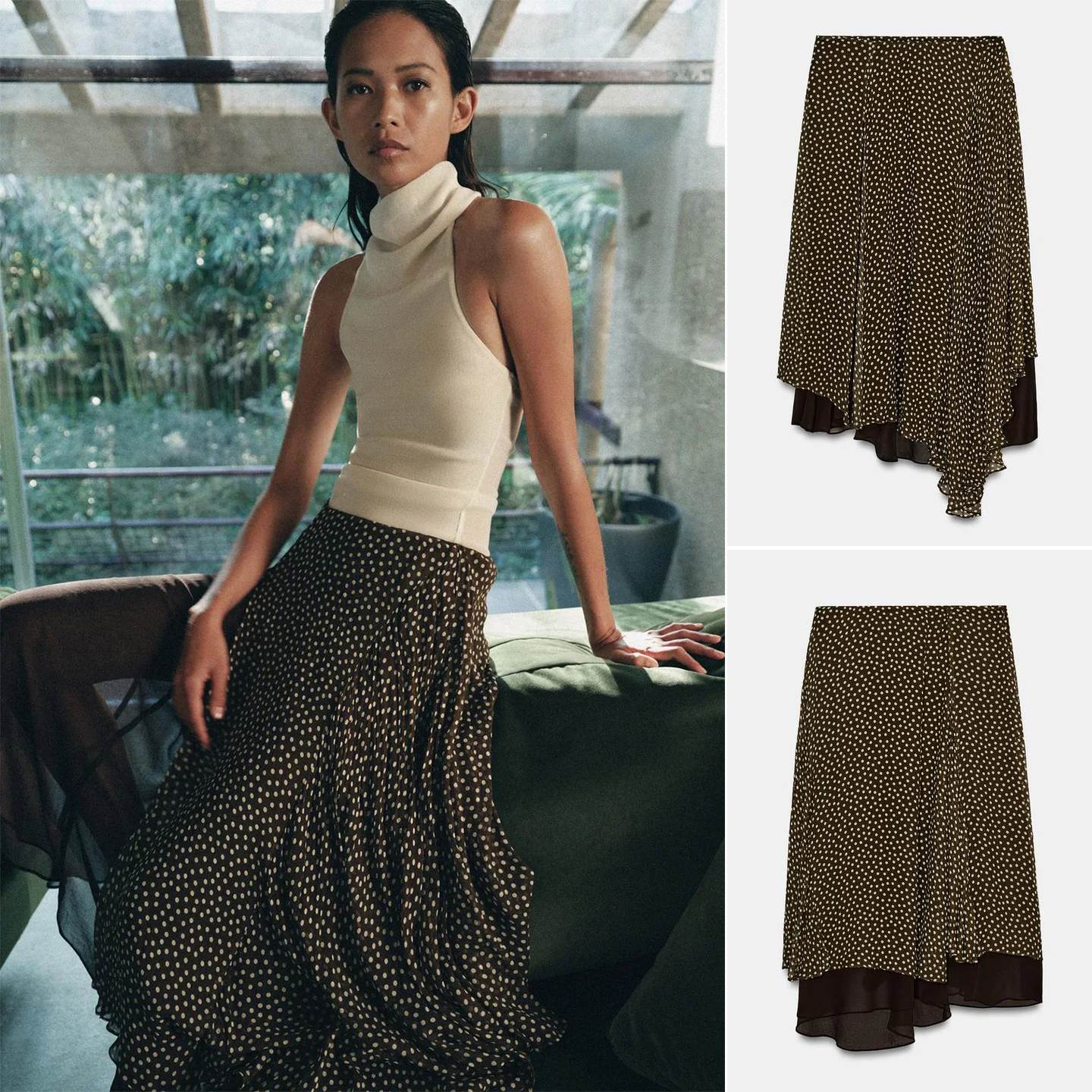 

Новая весенняя коллекция: Женская юбка с асимметричным подолом, цветными вставками и принтом в горошек, средней посадки, из полиэстера