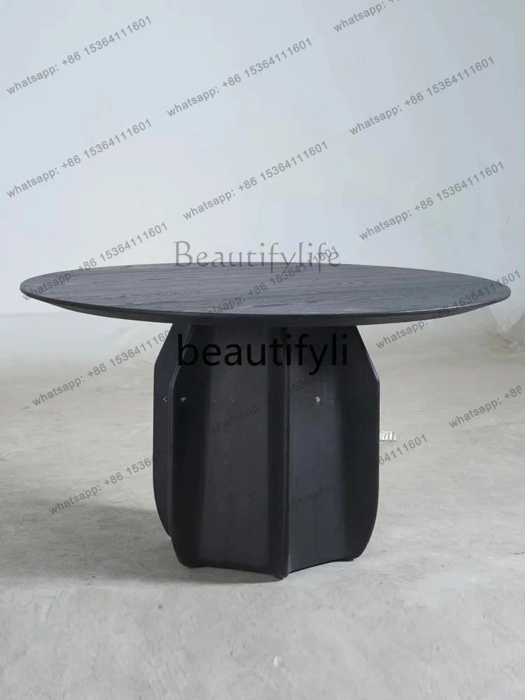 Medieval light luxury round solid wood dining table, retro black high-end, villa model, round table eating table