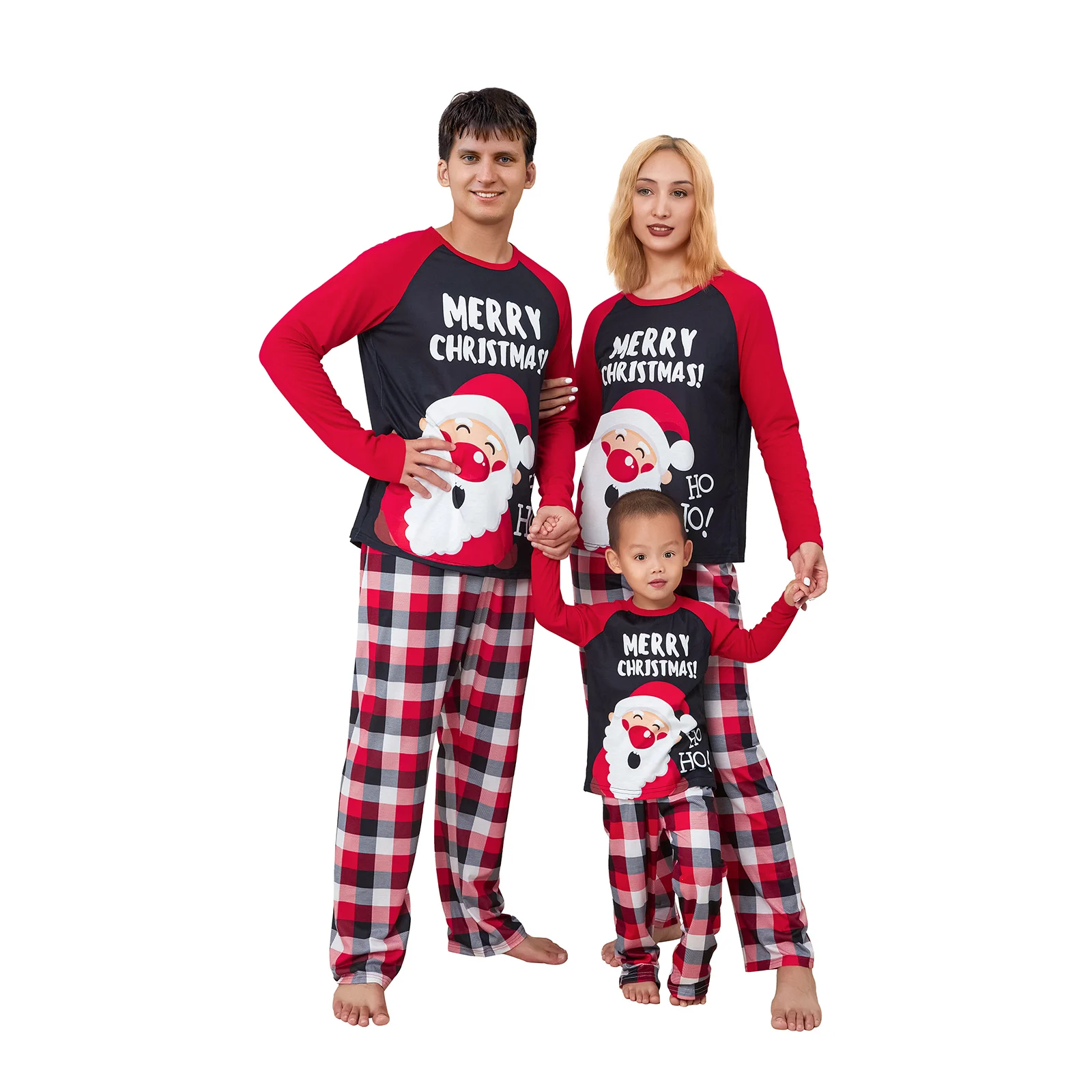 Pijama combinando família de Natal, tops estampados de Papai Noel adulto e infantil, calça xadrez casual