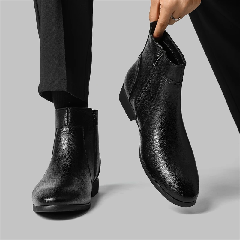 Fashionable Men's Simple Slim Fitting Soft Leather Boots for Business and Office European American Side Zipper Small Short Boots