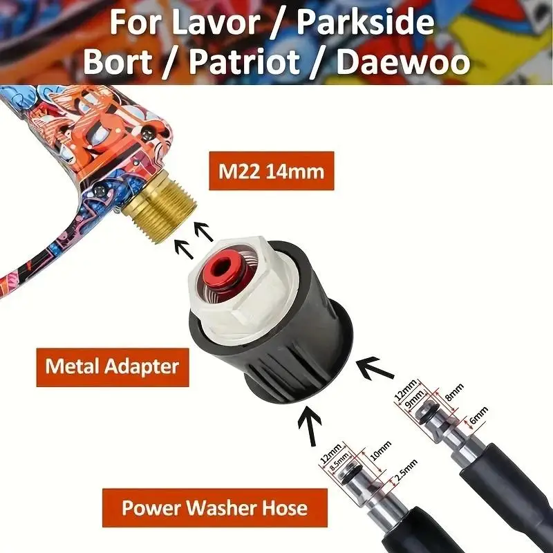 Graffiti-Set mit kurzer Hochdruckreinigerpistole, M22-14mm, 1L Schaumkanone, 5 Düsen & Metalladapter für Kärcher K2-K7 Autowäsche – Detail 6