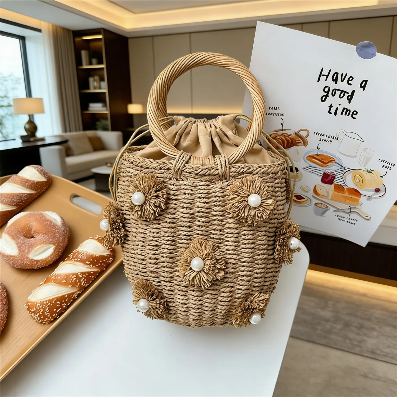 

Летняя сумка ручной работы из ротанга 2026: модная плетеная сумка-тоут с круглой ручкой, жемчужный клатч, женская дорожная/пляжная сумка