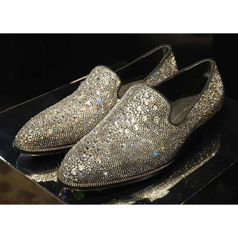 Colored Rhinestone Loafers Oxford Shoes Runway Look Genuine Leather New Style Dress Shoes Casual Round Toe Formal Shoes Men