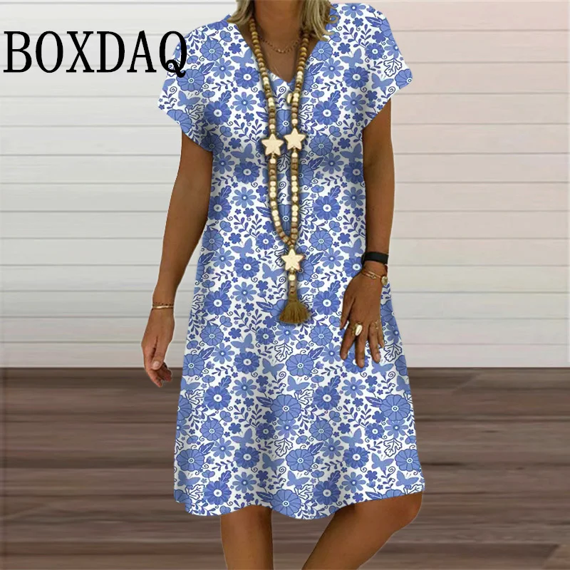 

Blue Floral Summer Dresses Women Casual 3D Printed Loose Clothing Plus Size Sundress Short Sleeve Ladies V-Neck Midi Dress Femme