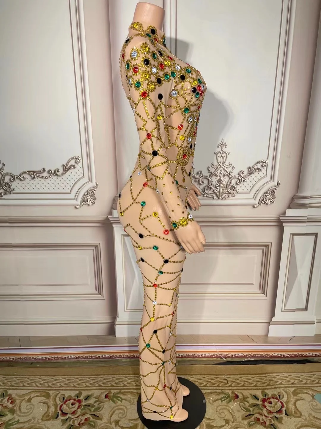 Women Long Sleeved Evening Dress Colorful Rhinestone High Elasticity Dress Birthday New Year Wedding Banquet Dress Prom Gowns
