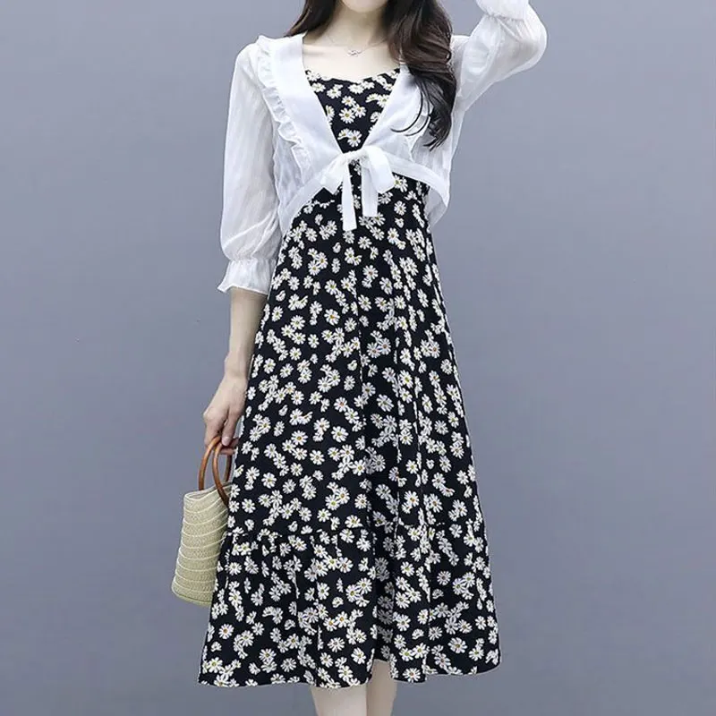 2024 Summer Thin New Broken Flowers Dresses Beach Style Odzież damska Vintage Sleeveless A-Line Waist Commute Slip Midi Dress