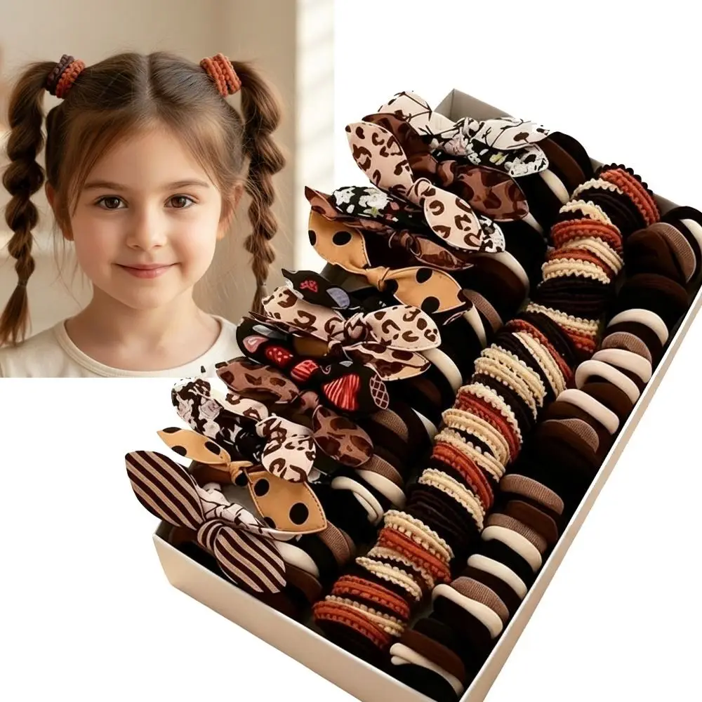 

130Pcs Mixed Neutral Brown Kids Hair Ties Set Sweet Leopard Print Bowknot Rubber Band Cute Bows Headdress