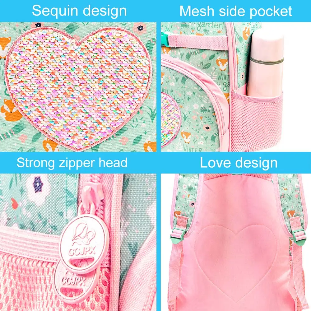 3PCS Kids Backpack for Girls, 16” Preschool Bookbag with Lunch Box, Cute Girl Sequin Backpacks for Elementary School