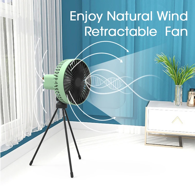 

Portable Camping Fan With Retractable RemovableTripod USB Rechargeable Portable Fan Outdoor Camping Ceiling Fan For Home