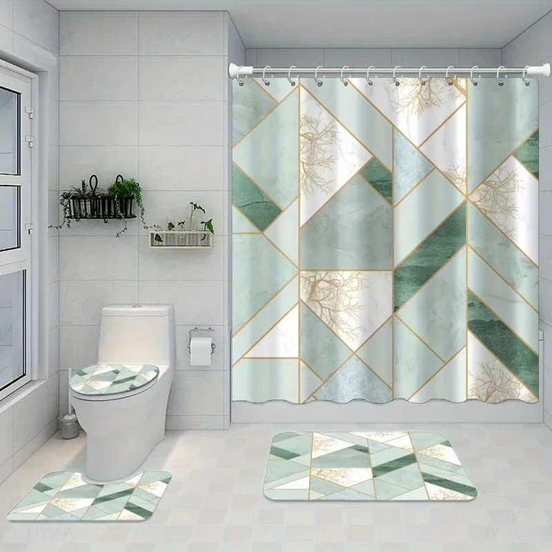 1/4pcs Green Geometric Marble Pattern Set, Shower Curtain With 12 Hooks, Non-Slip Bath , U-Shaped Toilet Mat,