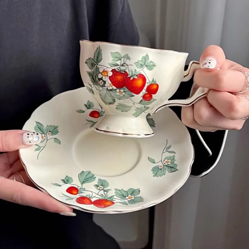 Coffee Cups and Saucers with Strawberry Pattern,Ceramic Bone China with Spoon,Tea Pot Plate Bowl, Sold Separately, Wedding Gifts