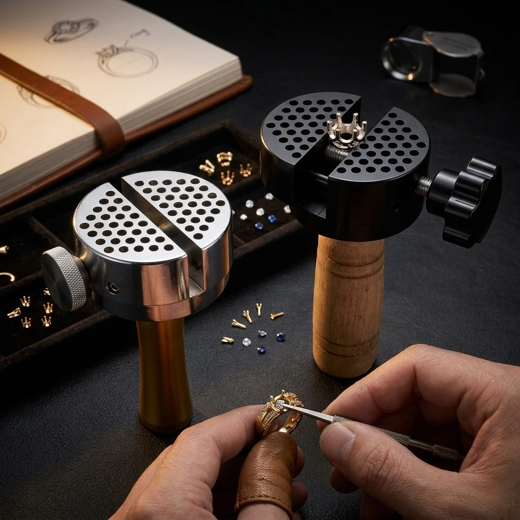 Adjustable Wood Handle Micro Pave Jewelry Clamp Vise for Engraving - Universal Rotating Ring Holder Precision Goldsmith Tool
