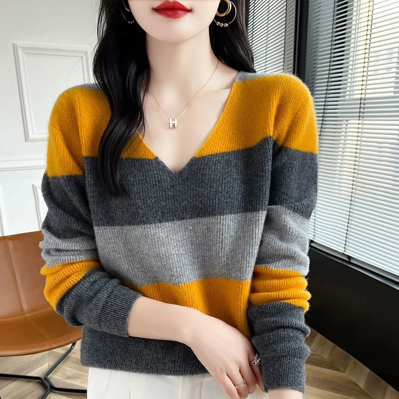 

New Autumn Women Sweater Korean Loose Long Sleeve Pullover Ladies Color Matching V-neck Kniited Tops Jumper Sweater Tops Female