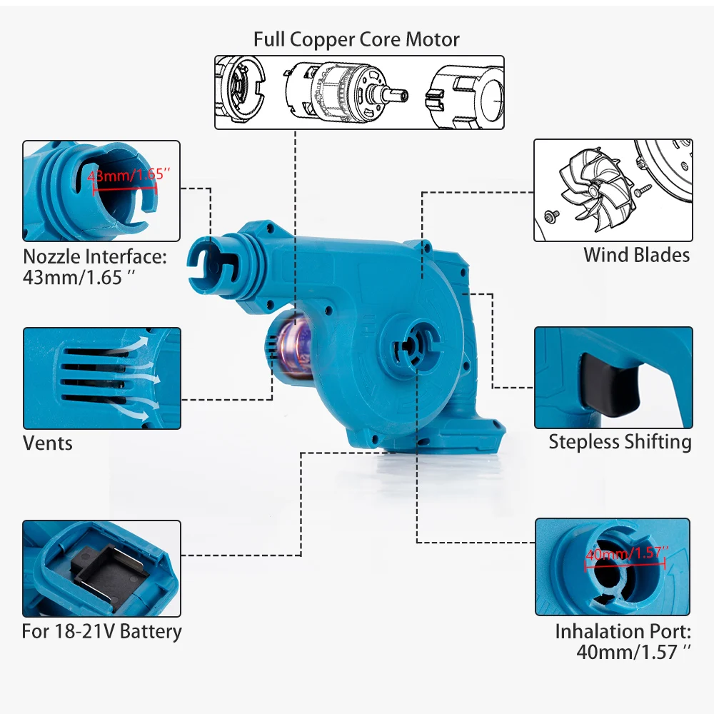 Imagem -02 - Ventilador de ar Elétrico sem Fio Coletor de pó Portátil Varredor de Limpeza Sopro e Sucção Bateria Makita 18v em 500w