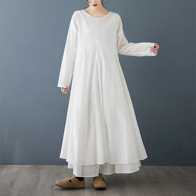 Outono nova cor sólida elegante vestido feminino o-pescoço manga longa solto dupla camada a linha vestidos longos casual escritório senhora vestido