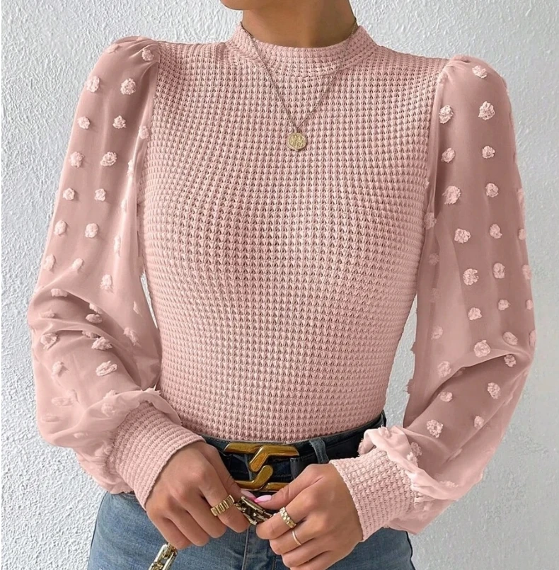 Sweet Style Women Pullover Shirts O-neck Patchwork Design Puff Sleeve Solid Office Lady Female Blouse Spring Summer 2024 New Top