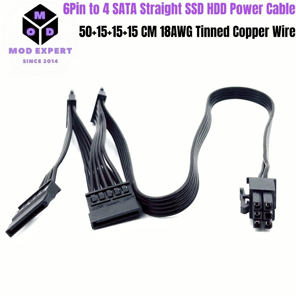 

6Pin to 4 SATA Straight for SSD HDD Power Cable for Corsair HX1200, HX1000, HX8500, HX750 PLATINUM Modular Powers, 50+15+15+15CM