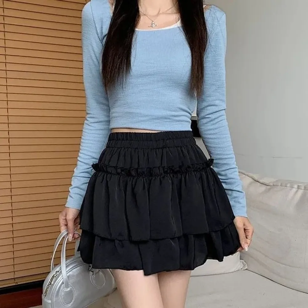 أنيقة الحلو نمط مطوي ألف خط تنورة أنيقة تنوعا كشكش تنورة الأساسية قطع عالية الخصر مرونة الخصر تنورة المؤنث #1