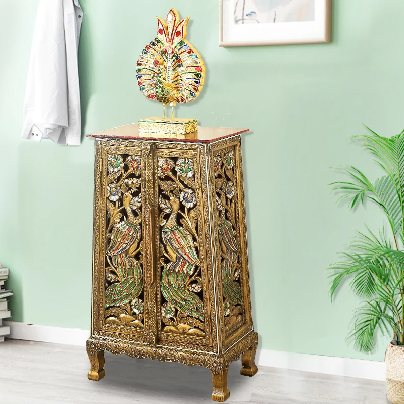 

Southeast Asia Thailand Solid Wood Carving Peacock Partition Porch Cabinet Locker Living Room Golden Decorative Cabinet Shoe