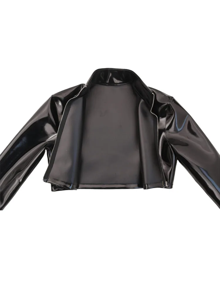 Shiny Double Sided PU Leather Long Sleeve Tshirt Wet Look PVC Crop Tops Short Shirts Zipper Waistcoat Cropped Top Overshirt Tees