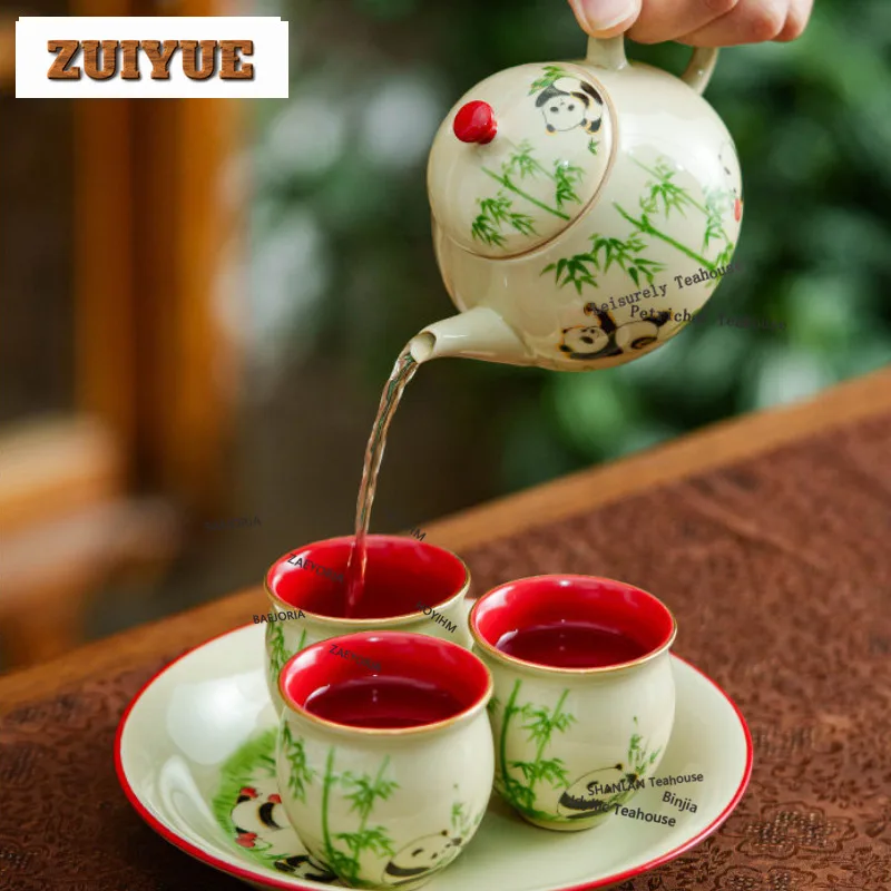 HOYIHM Ceramic Decal Panda Paradise Tea Set Complete Set Ancient Tea Ceremony Set Tea Maker Teapot And Tea Cup Set Drinkware